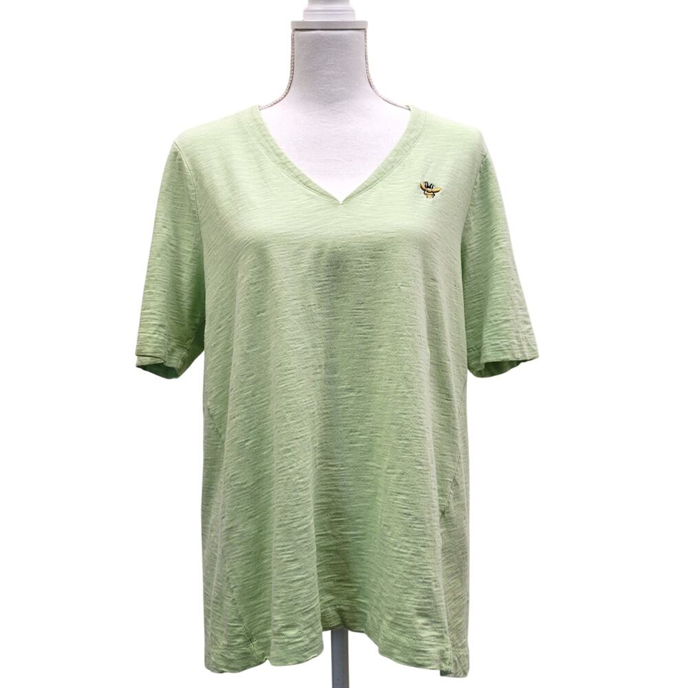 Chico's T-Shirt Women's 2, Large Green Bumble Bee V-Neck Short Sleeve High Low